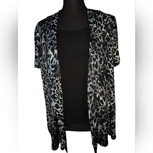 Black/Gray Leopard Print Short Sleeve Open Front Cardigan w/Shirt Insert - Sz L